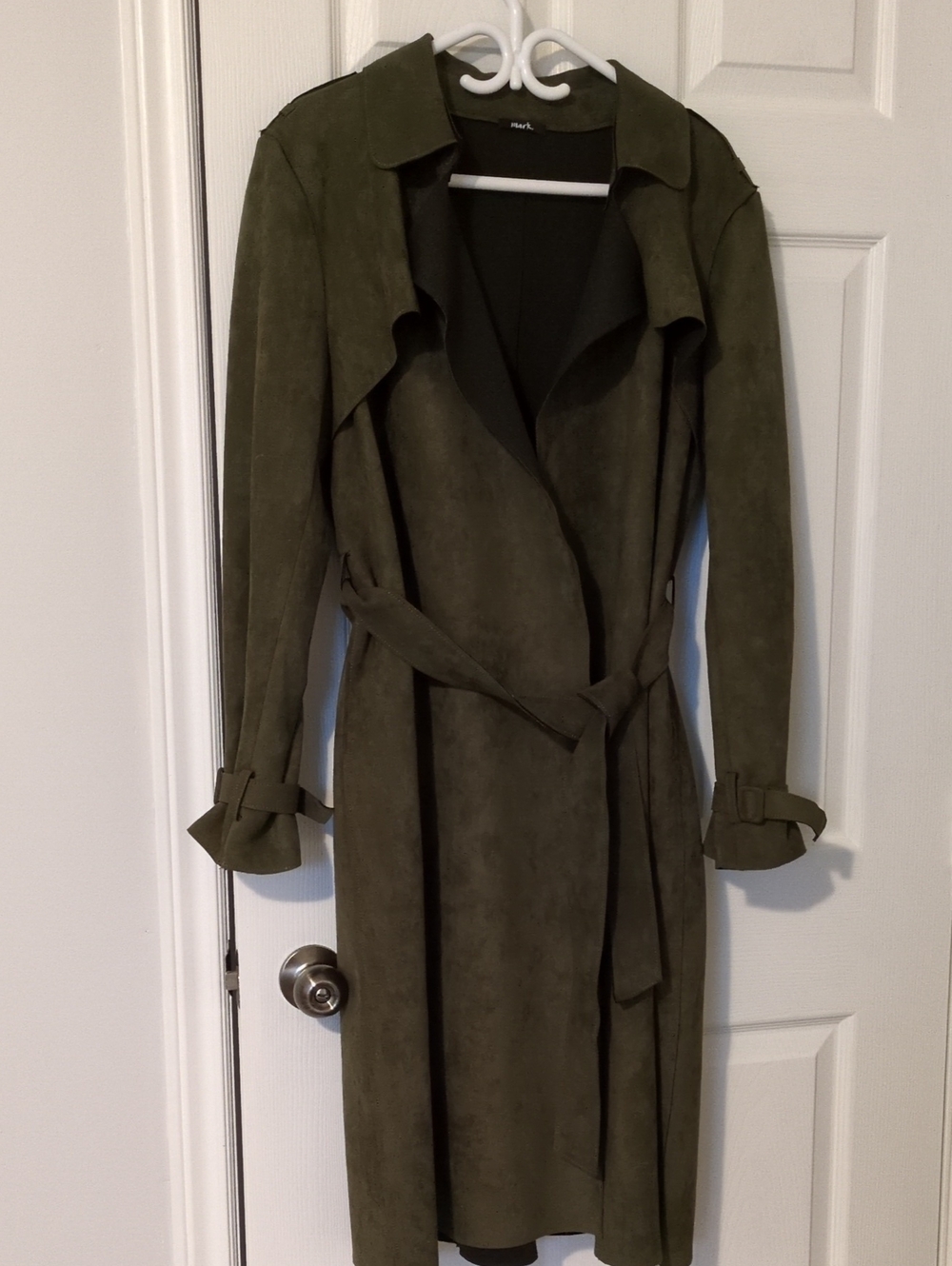 mark. Olive Green Suede Trench Coat with Tie Belt
